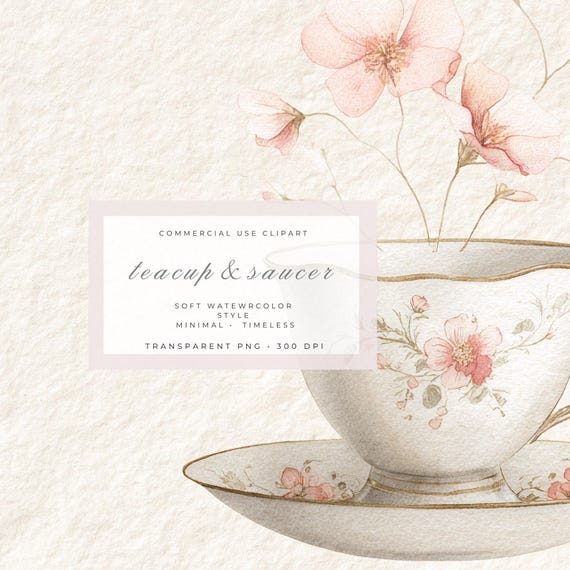 Floral Teacup PNG Clipart, Vintage Tea Cup with Flowers, Cottagecore Tea Illustration, Shabby Chic Cup, Romantic Botanical Printable