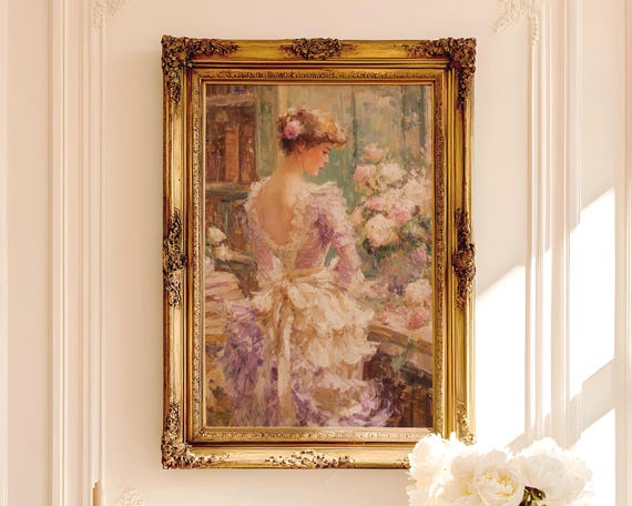 Lavender Edwardian Library Wall Art | Floral Study Oil Painting Print | Romantic Feminine Decor Digital Download