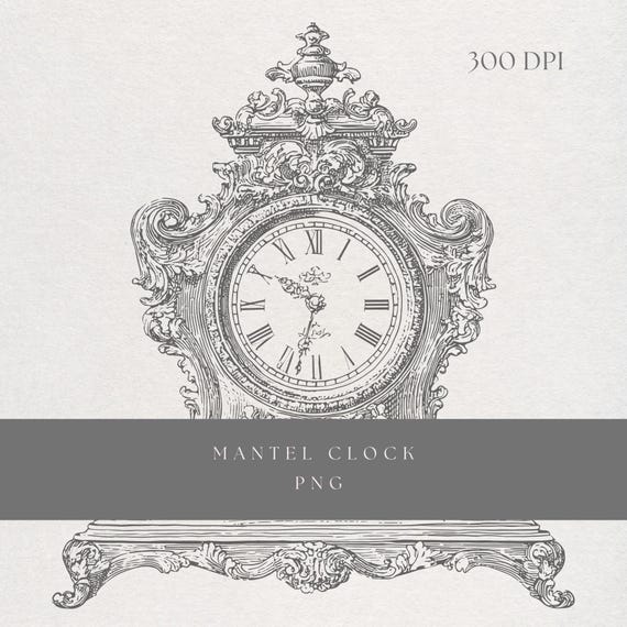 Vintage Clock Clipart PNG | Fine Line Ornate Mantel Timepiece No 2 | Transparent Background | Digital Download Rococo Clock Art