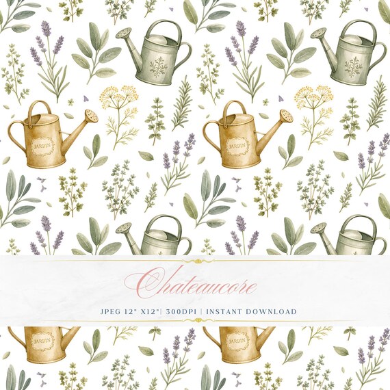 Watering Can Herb Watercolor Seamless Pattern, Cottage Garden Digital Paper, Botanical Tile