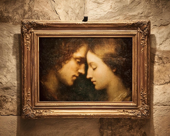 Dark Romantic Couple Portrait - Moody Vintage Style Art, Intimate Chiaroscuro Painting, Warm Sepia Tone, Printable Digital Download 61