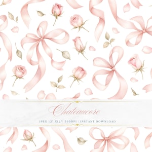 May include: A seamless pattern featuring watercolor roses, ribbons, leaves, and petals in soft pink hues on a white background. The design includes bows and rose buds. The text "Chateaucore" is displayed in a banner.