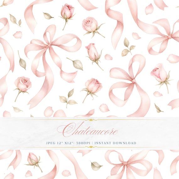 Pink Ribbon Bow Watercolor Seamless Pattern, Romantic Digital Paper, Coquette Tile