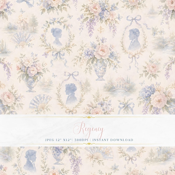 Regency Toile Pattern JPEG | Watercolor Silhouette Cameo Wisteria Peony Floral Fan Bow Cream Blue Digital Paper 300 DPI 12x12