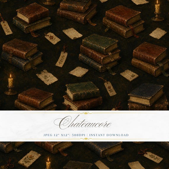 Dark Book Stack Seamless Pattern JPEG Oil Painting Library Chateaucore Academia Digital Download