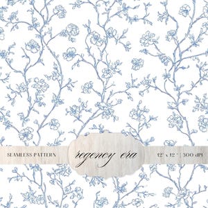 May include: Seamless pattern featuring a delicate blue floral design on a white background. The pattern includes stylized branches and flowers, with the text "regency era" and dimensions 12 x 12 inches. The design is suitable for various applications.