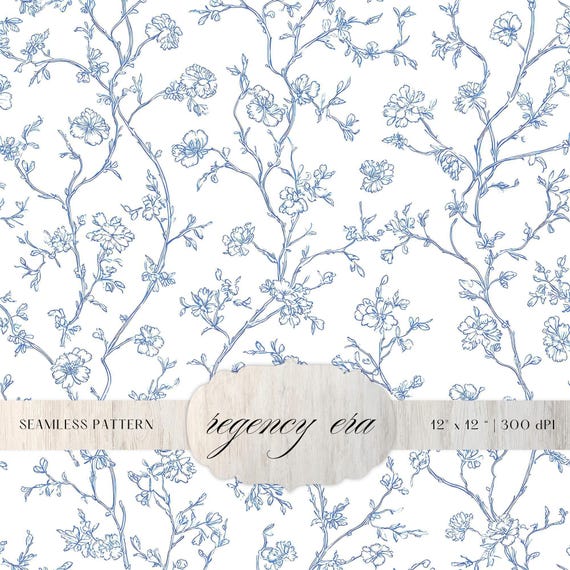 Blue Floral Line Seamless Pattern, Vintage Botanical Outline Digital Paper, Minimal Toile Style Floral Background, Wallpaper Fabric Design