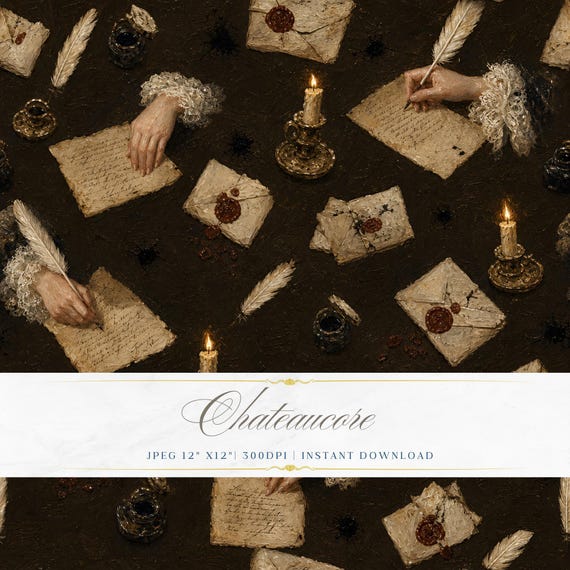Dark Literary Writing Seamless Pattern JPEG Oil Painting Female Hand Candle Chateaucore Download