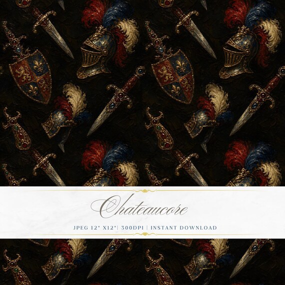 Heraldic Weapons Seamless Pattern JPEG Oil Painting Dark Digital Paper Chateaucore Royalcore Download