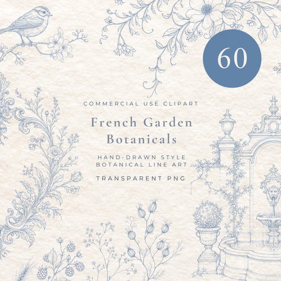 60 French Chateau Garden Clipart PNG Bundle, Toile de Jouy, Botanical Illustrations, Blue Vintage Estate Scenes, Wedding Graphics