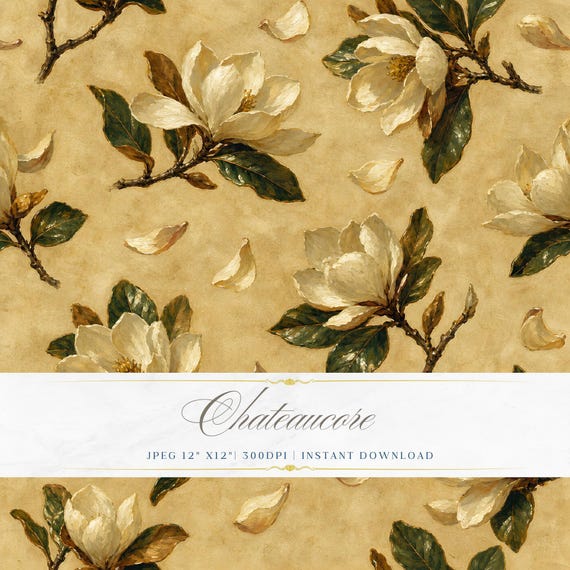 Antique Magnolia Botanical Seamless Pattern, Golden Cream Digital Paper, Vintage Floral Tile