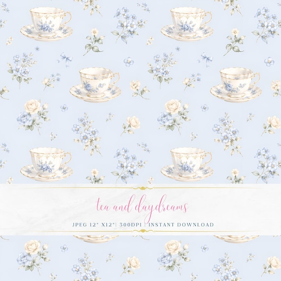 Baby Blue Teacup Seamless Pattern, Soft Feminine Seamless Pattern, Tea Inspired Digital Paper, Vintage Feminine Style