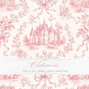 Peut inclure: Motif de toile rose et blanc avec un château, des roses, des nœuds et des éléments floraux. L'image comprend le texte "Chateaucore" et les dimensions "JPEG 12" x 12" | 300DPI | INSTANT DOWNLOAD". Le design rappelle la décoration française classique.