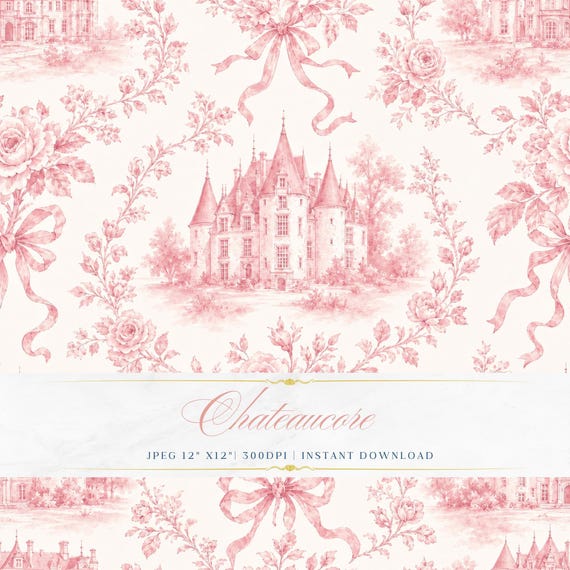 Toile de Jouy Watercolor Pattern, Pink Château Digital Paper, French Castle Seamless Tile