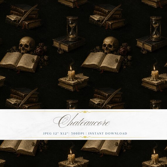 Dark Vanitas Skull Seamless Pattern JPEG Oil Painting Hourglass Book Chateaucore Digital Download
