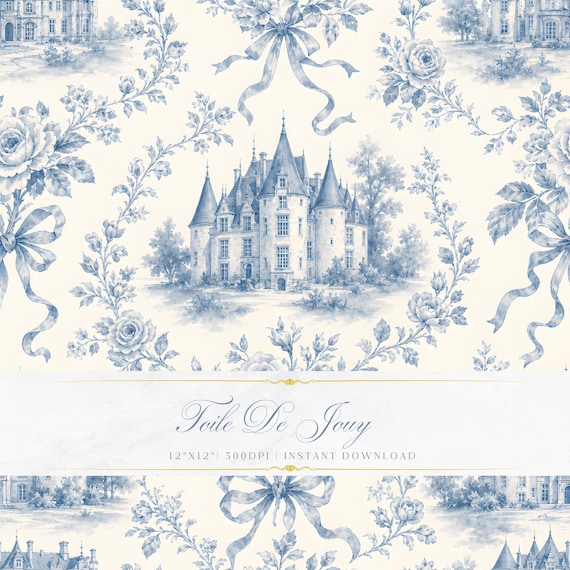 Toile de Jouy Watercolor Pattern, Blue Château Digital Paper, French Castle Seamless Tile