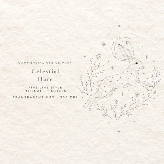 Celestial Hare PNG, Dancing Moon Hare Line Art Digital Download, Mystical Rabbit Clipart, Fine Line Cottagecore Wall Art Printable