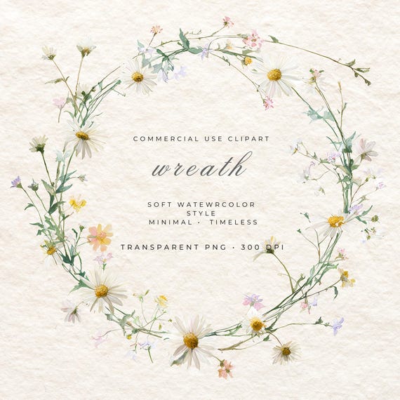 Floral Daisies Wreath PNG, Watercolor Flower Frame Clipart, Wedding Logo Frame, Baby Shower Invitation Border, Botanical Circle Design