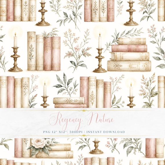 Watercolor Stack of Books Pattern PNG Romantic Vintage Digital Paper Vintage Wallpaper Design