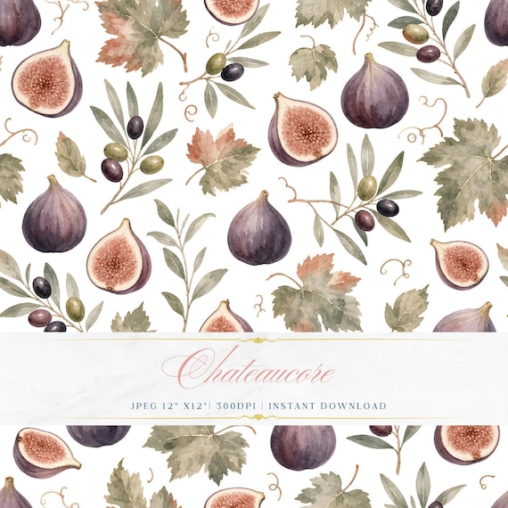 Fig Olive Watercolor Seamless Pattern, Mediterranean Digital Paper, Harvest Tile