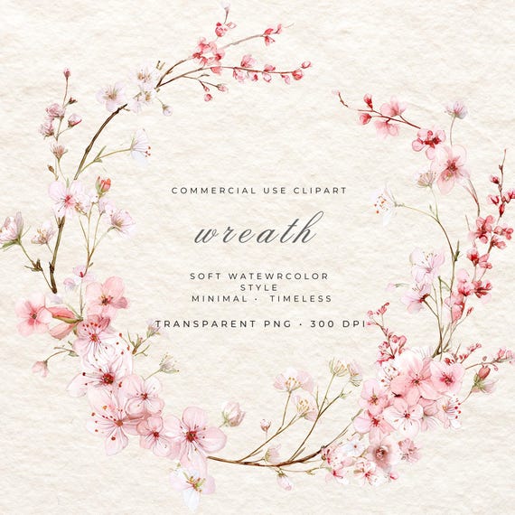 Cherry Blossom Wreath PNG, Watercolor Floral Frame Clipart, Pink Sakura Circle, Spring Botanical Wreath, Wedding Logo Frame Design