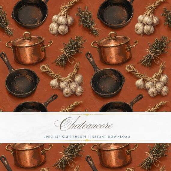 Copper Kitchen Seamless Pattern JPEG Oil Painting Digital Paper French Farmhouse Chateaucore Download