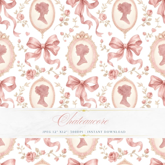 Watercolor Cameo Seamless Pattern, Pink Bow Ribbon Digital Paper, Romantic Chateaucore Tile