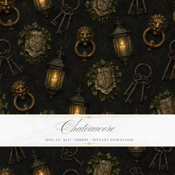 Gothic Key Lantern Seamless Pattern JPEG Oil Painting Dark Chateaucore Digital Paper Instant Download
