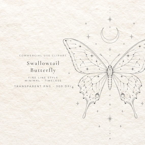 Swallowtail Butterfly PNG, Fine Line Butterfly Digital Download, Vintage Naturalist Insect Clipart, Boho Wall Art Printable File