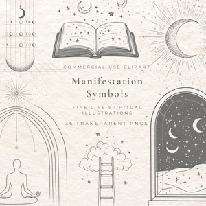 Peut inclure: Illustrations spirituelles en trait fin avec des symboles célestes et de manifestation. L'image comprend des livres ouverts, des lunes, des étoiles et une personne méditant. Le texte comprend "Manifestation Symbols" et "36 Transparent PNGs."