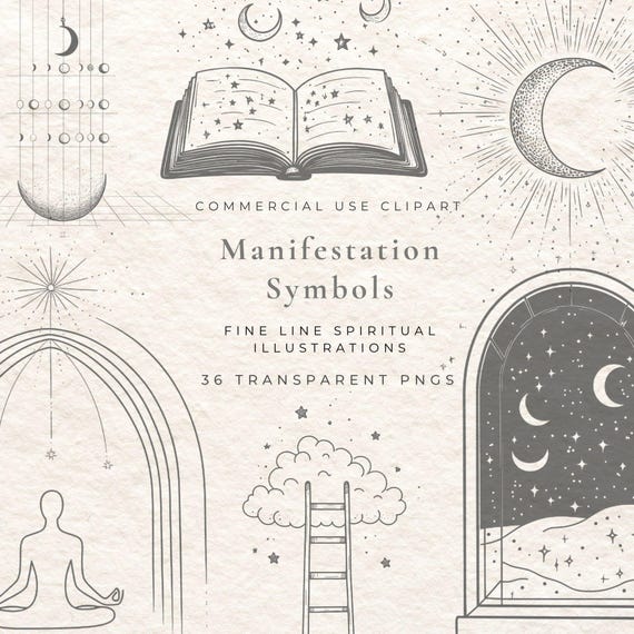 Manifestation Symbols Clipart | Fine Line Spiritual Clip Art | Law of Attraction Illustrations for Planners & Journals PNG