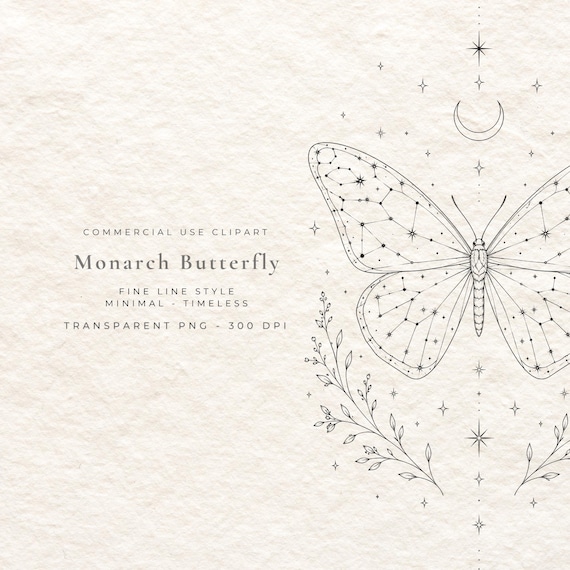 Monarch Butterfly PNG, Fine Line Butterfly Digital Download, Vintage Botanical Insect Clipart, Cottagecore Wall Art Printable File