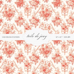 Patrón de Toile de Jouy en rojo y blanco / Estilo barroco floral Descarga digital para manualidades, impresión artística sin costuras
