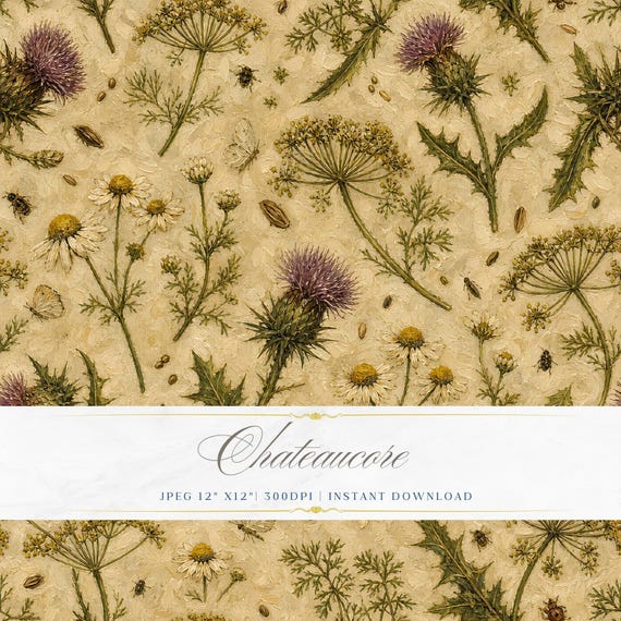 Antique Thistle Botanical Seamless Pattern, Herbarium Digital Paper, Vintage Wildflower Tile