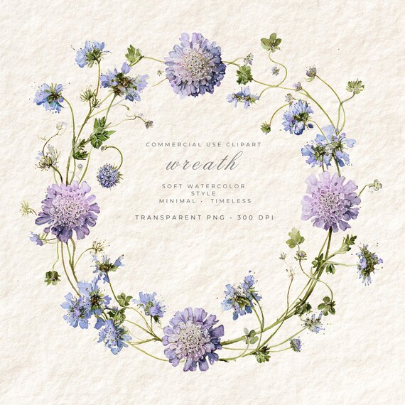 Scabiosa Wreath PNG Clipart, Wildflower Transparent Background Art, Digital Download Commercial Use, Boho Floral Stationery