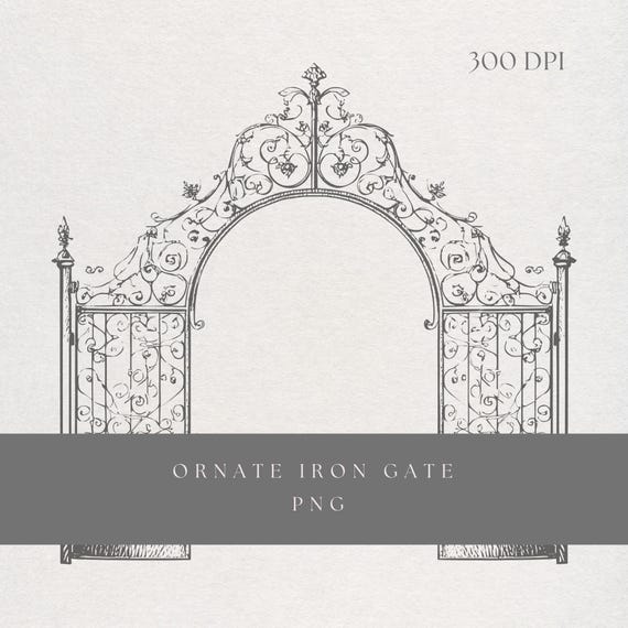 Grand Gate Clipart PNG | Fine Line Iron Arch No 3 Illustration | Transparent Background | Digital Download Château Entry Art