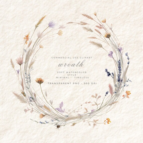 Wildflower Wreath PNG Transparent Background, Meadow Floral Wedding Clipart, Save the Date Stationery Digital Download Commercial Use