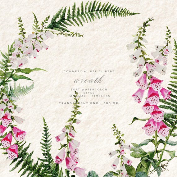 Garden Foxgloves Wreath PNG Clipart, Wildflower Floral Transparent Background, Floral Clipart, Commercial Use, Stationery Card Design