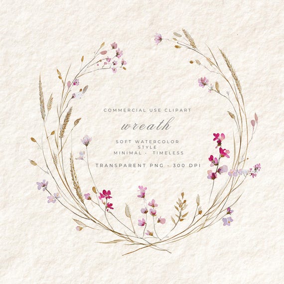 Watercolor Wildflower Wreath PNG Transparent, Field Flowers Botanical Clipart, Floral Frame Digital Art, Commercial Use Instant Download