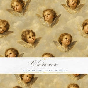 May include: A repeating pattern of cherubic faces with curly brown hair and feathered wings against a cloudy background. The text "Chateaucore" is displayed in an elegant script. The image is labeled as a JPEG 12" x 12" at 300 DPI.