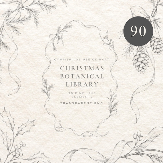 Christmas Botanical Clipart Bundle, Fine Line Winter Crests, Wreaths, Frames, Borders, Garlands, Dividers, Elegant Holiday PNG