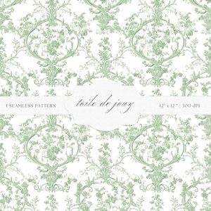May include: A seamless pattern featuring a toile de jouy design with a white background and green floral motifs. The pattern is 12 inches by 12 inches and has a resolution of 300 DPI.
