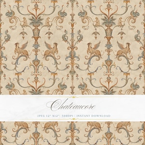May include: A repeating pattern featuring ornate, symmetrical designs in beige, brown, and blue. The design includes winged creatures, cherubs, and stylized floral elements. The text "Chateaucore" is displayed across the bottom.