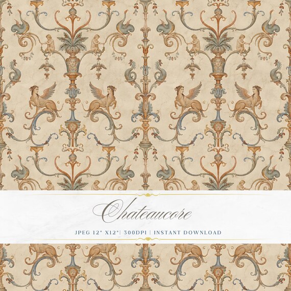 Renaissance Grotesque Ornamental Seamless Pattern JPEG Oil Painting Chateaucore Digital Paper Download