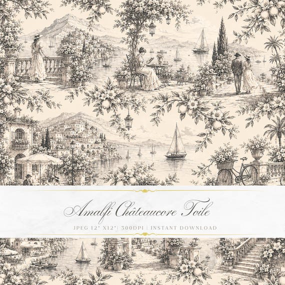 Amalfi Coast Toile de Jouy Seamless Pattern | Mediterranean Châteaucore Digital Paper | Vintage Coastal Wallpaper | Black Ivory Printable