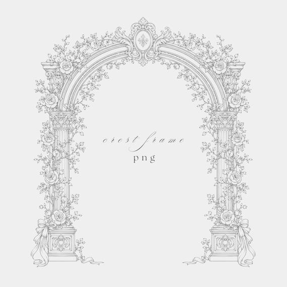 Baroque Floral Pillar Frame PNG | Fine Line Wedding Clipart | Transparent Background | 300 DPI
