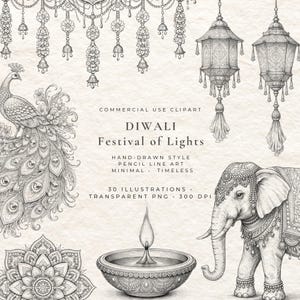 May include: Black and white Diwali-themed clipart featuring a peacock, elephant, lanterns, and a lit oil lamp. The text reads "Diwali Festival of Lights" and "Hand-drawn style, pencil line art, minimal, timeless."
