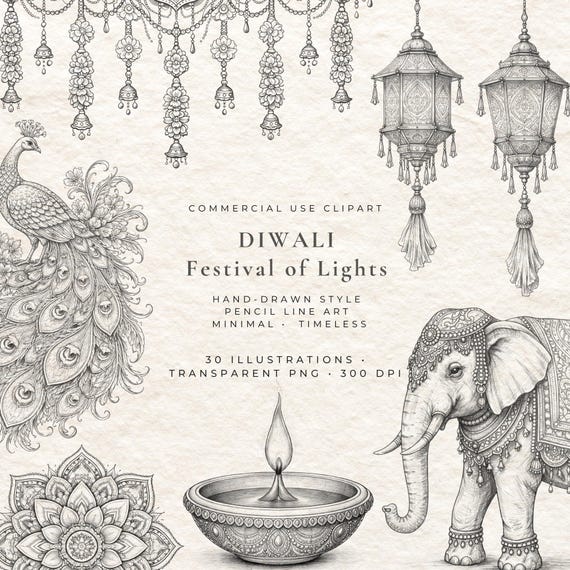 Diwali Fine Line Art Clipart | Indian Festival PNG Graphics