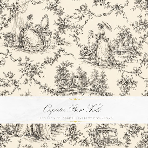 Coquette Toile de Jouy Seamless Pattern | Romantic Bow Wallpaper | Feminine Rococo Digital Paper | Vintage French Seamless Pattern