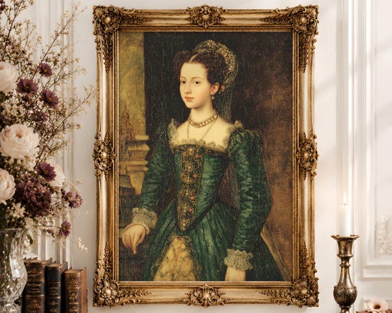 Renaissance Noblewoman Portrait Wall Art | Tudor Green Gown Oil Painting | Florentine Court Lady Decor Digital Download